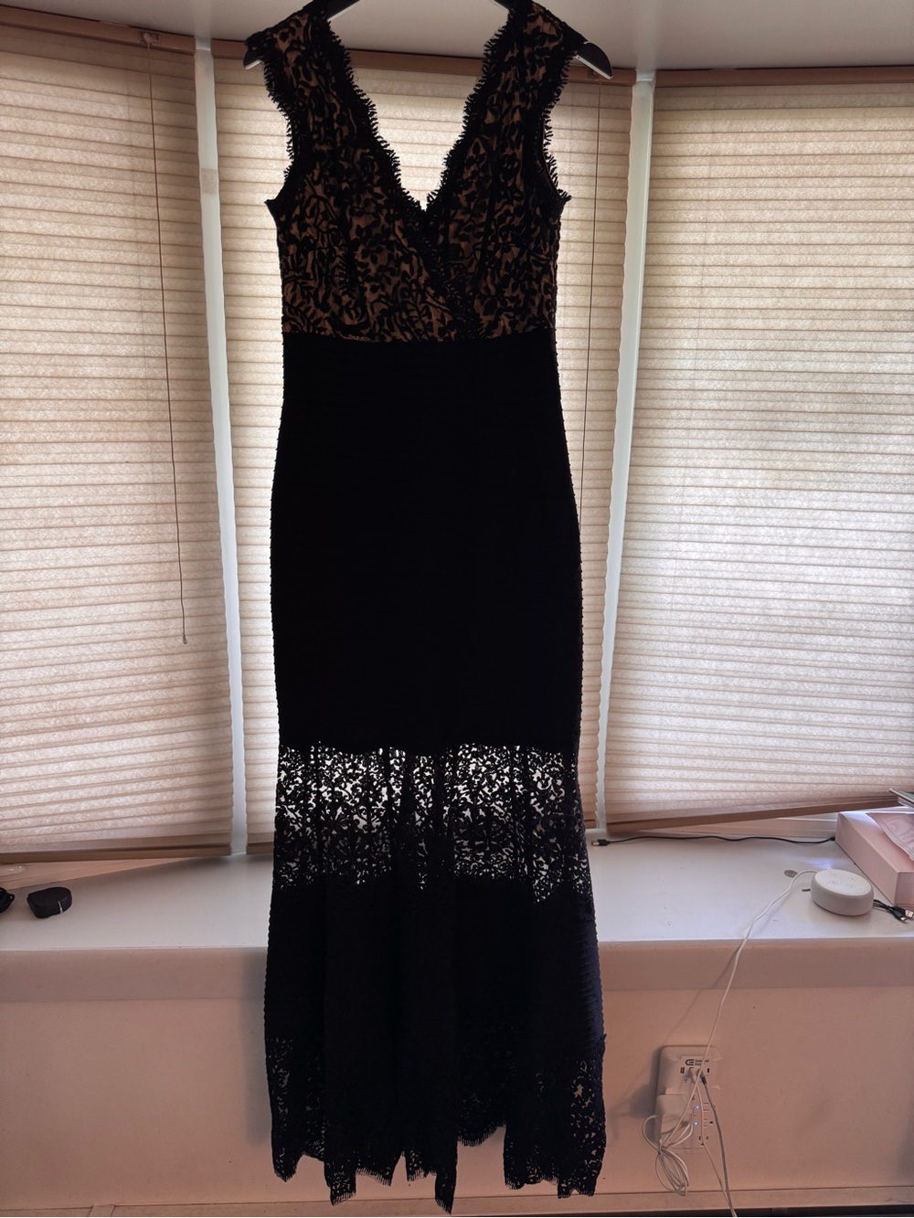Tadashi Shoji Black Lace Maxi Dress with Nude Lining